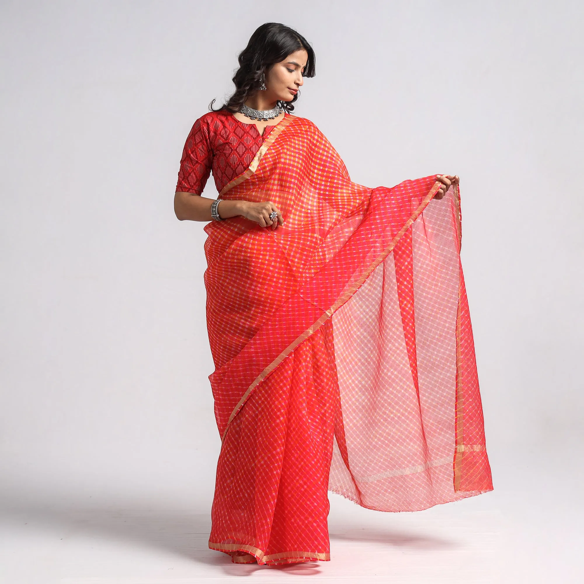 Red - Leheriya Tie-Dye Mothra Kota Doria Silk Saree