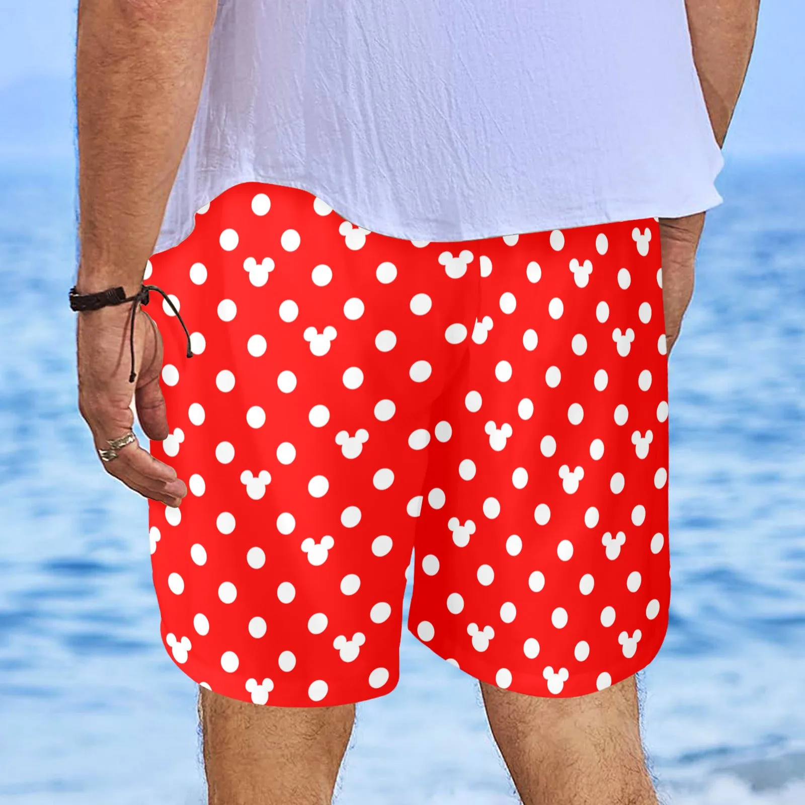 Red With White Mickey Polka Dots Men's Swim Trunks Swimsuit