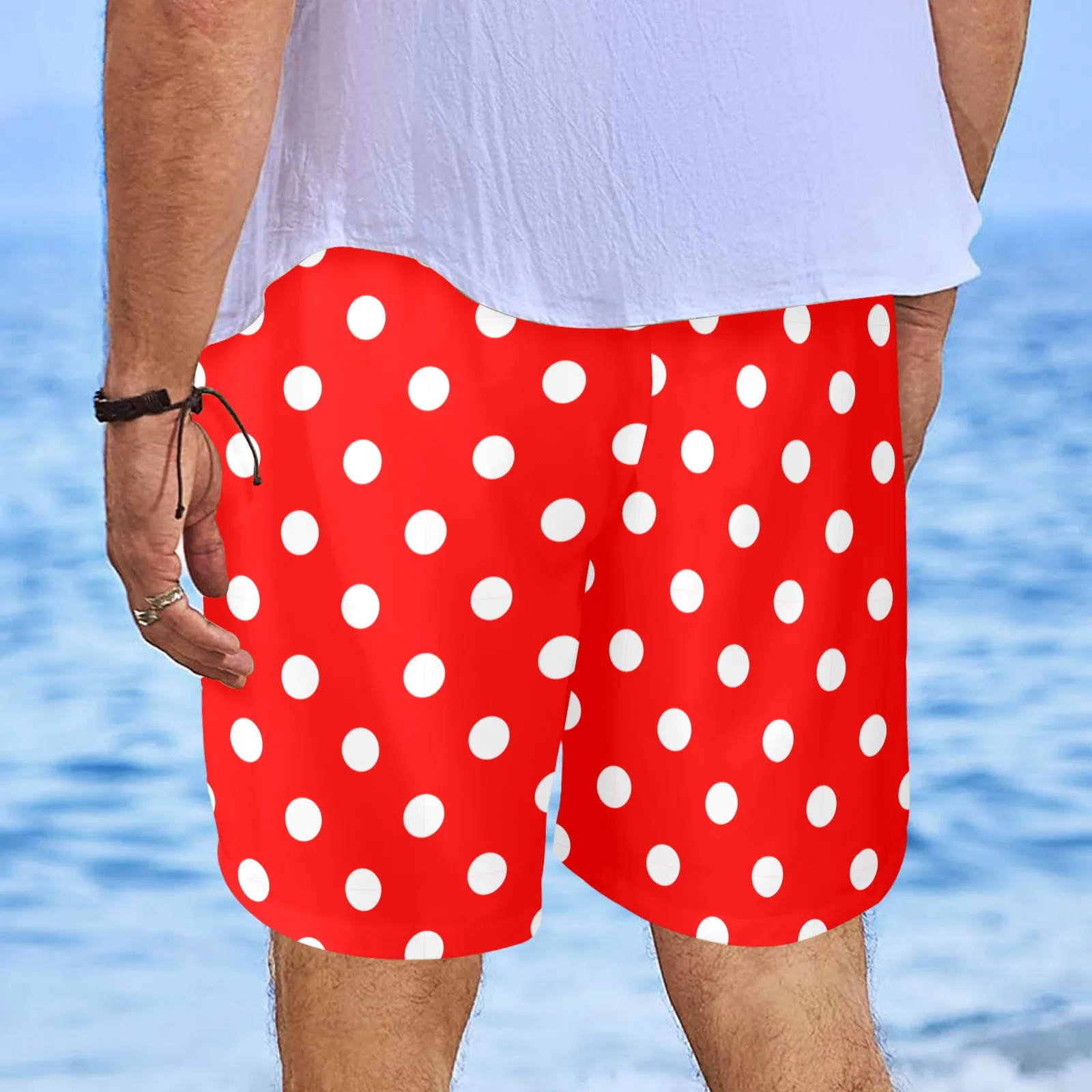 Red With White Polka Dots Men's Swim Trunks Swimsuit