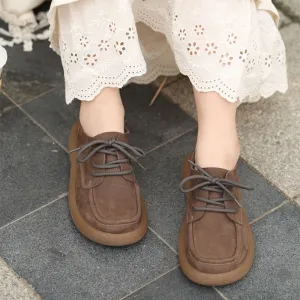 Retro Handmade Genuine Leather Lace Up Oxfords Round Toe In Khaki/Coffee