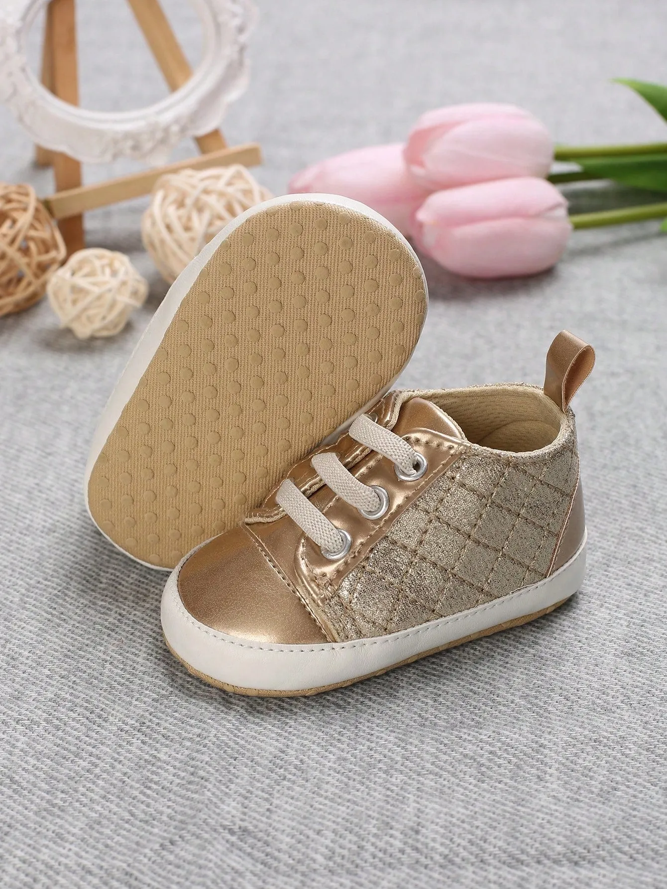 SHEIN Baby Girls Lace Up Plaid Embossed Skate Shoes For Outdoor