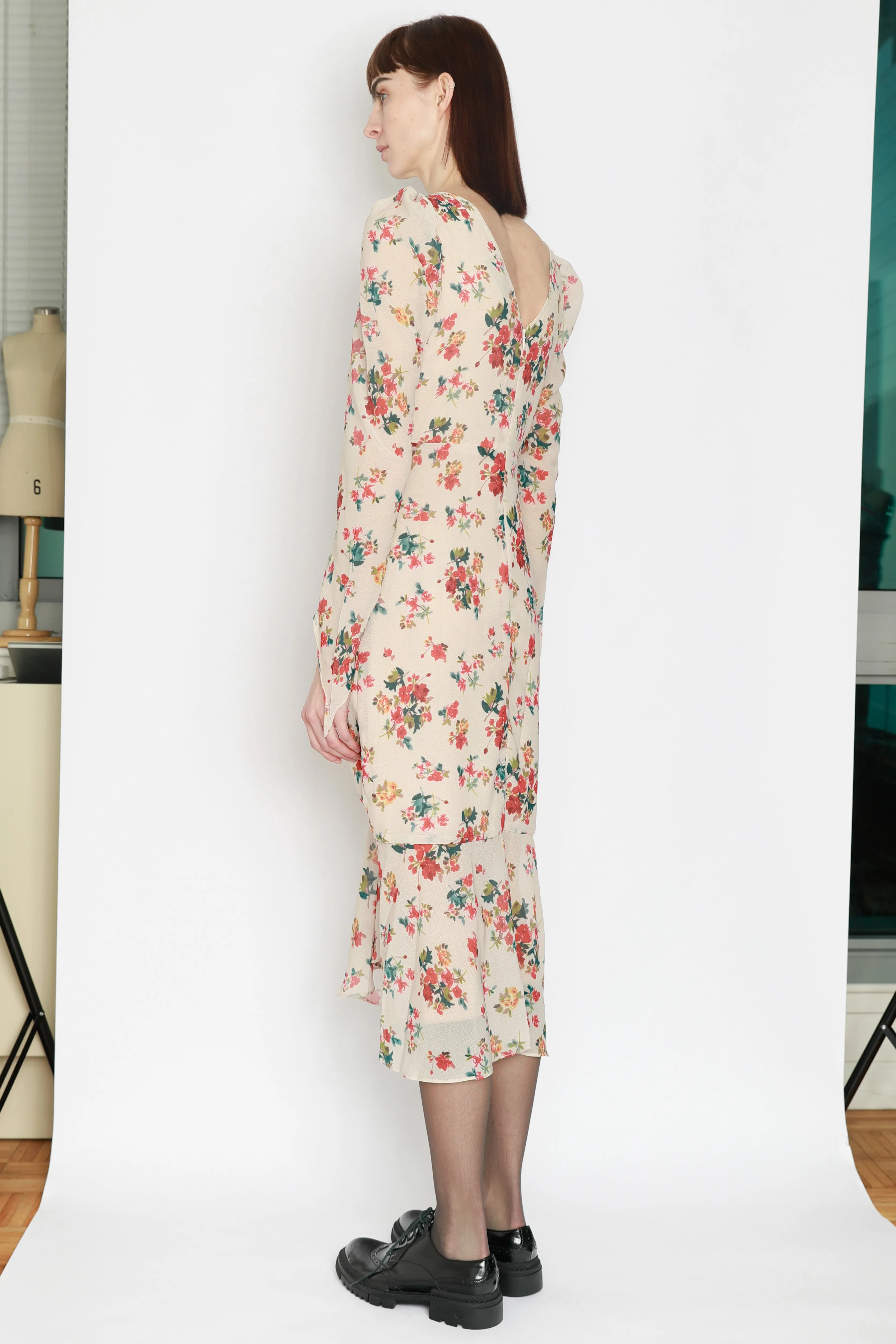 Silk Printed Beige Floral Ruched Midi Dress