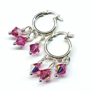 Sterling Silver Hoop Pink Crystal Earrings