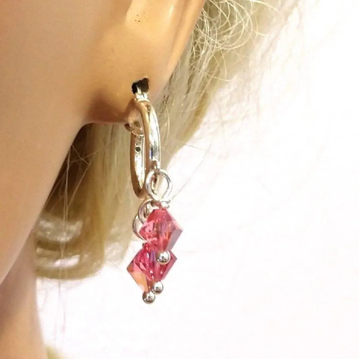 Sterling Silver Hoop Pink Crystal Earrings