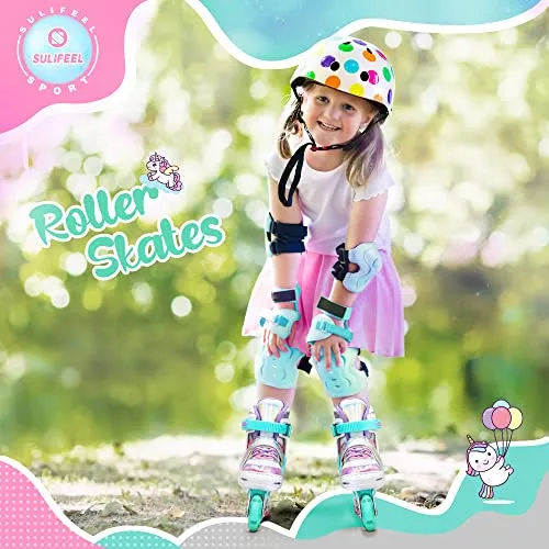 SULIFEEL Rainbow Unicorn Inline Skates for Girls Boys 4 Size Adjustable Light up Wheels Skates for Kids Beginner Small