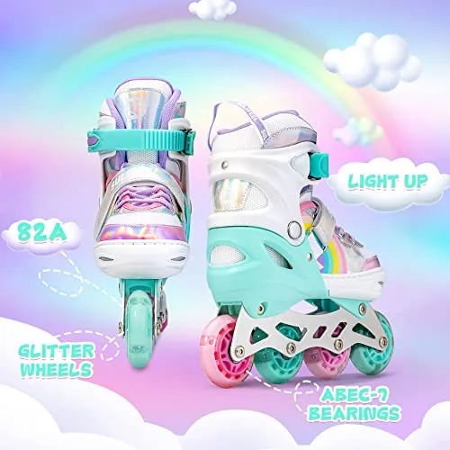 SULIFEEL Rainbow Unicorn Inline Skates for Girls Boys 4 Size Adjustable Light up Wheels Skates for Kids Beginner Small