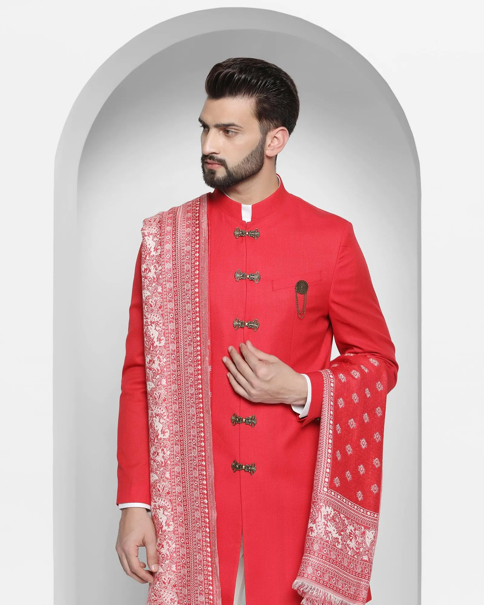 Swarn Two Piece Red Solid Achkan Set - Tentor