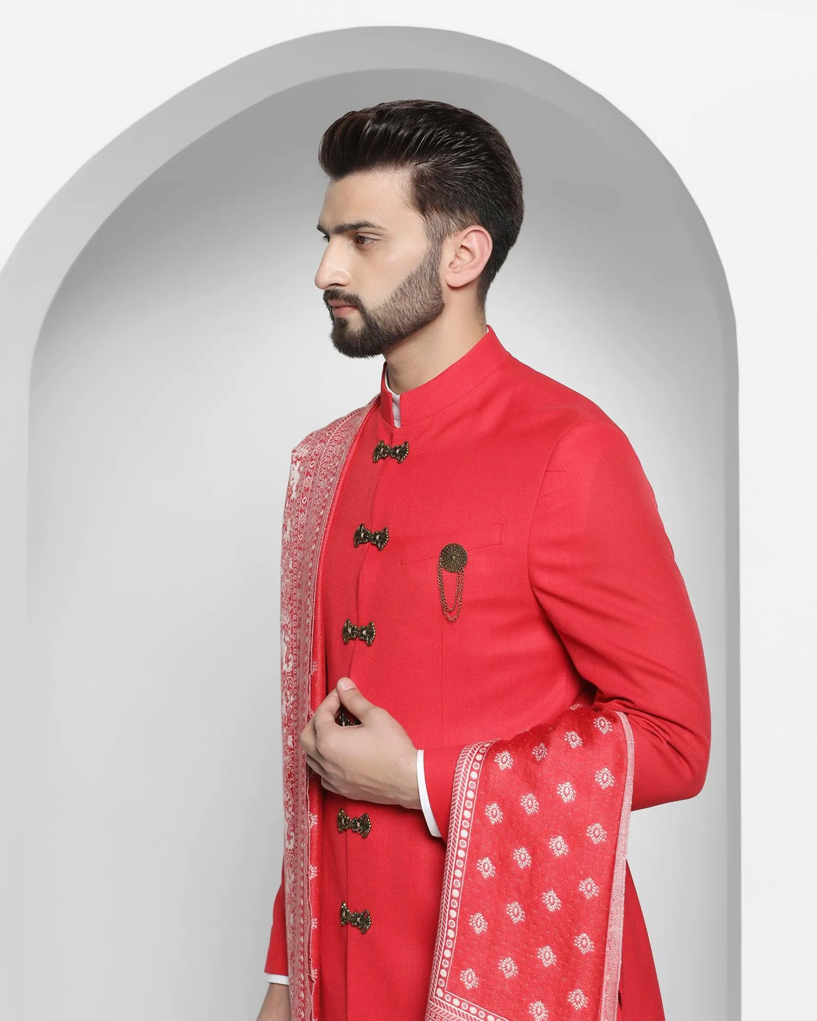 Swarn Two Piece Red Solid Achkan Set - Tentor