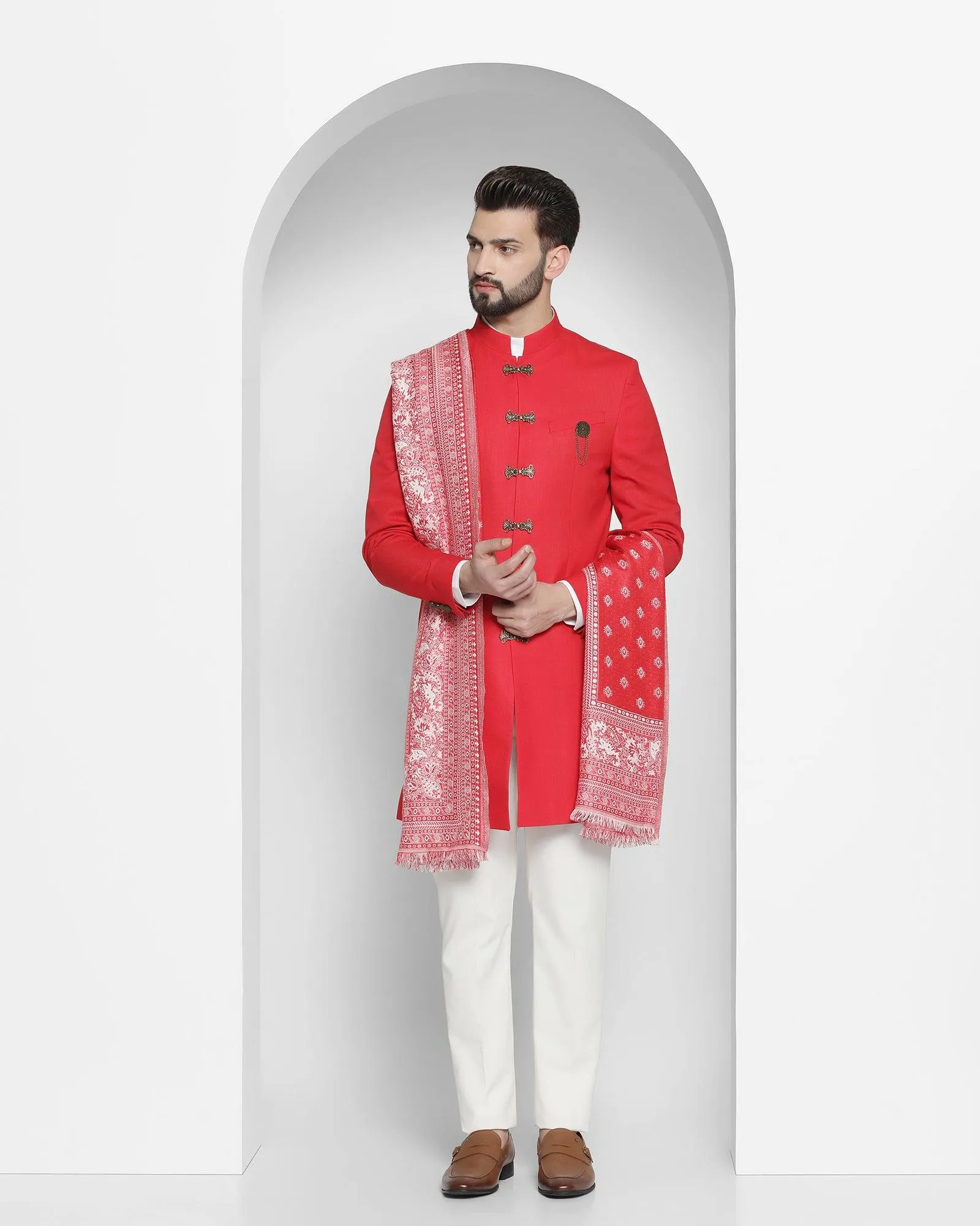 Swarn Two Piece Red Solid Achkan Set - Tentor