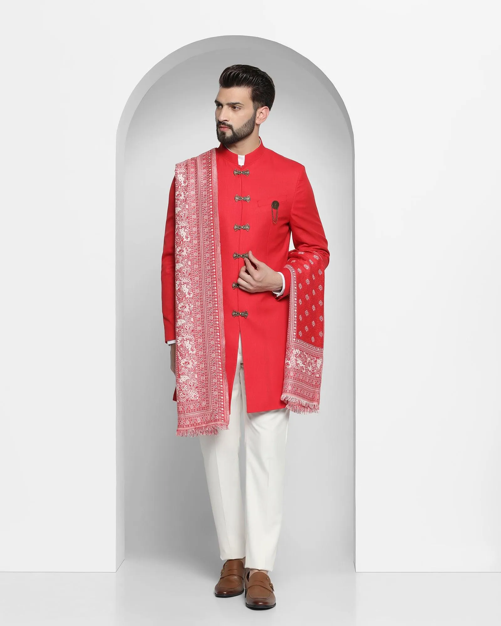 Swarn Two Piece Red Solid Achkan Set - Tentor