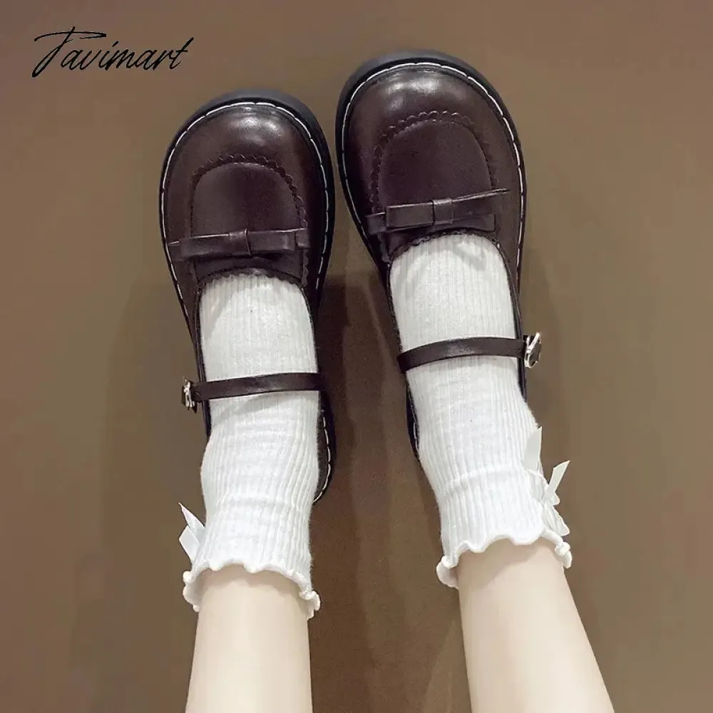 TAVIMART Lolita Shoes Bow Mary Janes Shoes Platform Women Flats Leather Round Toe Casual  Shoes Girls Princess Shoes Black Oxford 9090N