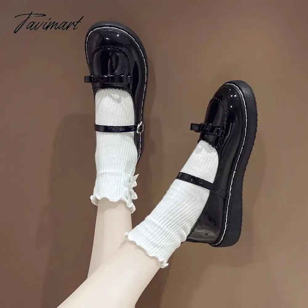 TAVIMART Lolita Shoes Bow Mary Janes Shoes Platform Women Flats Leather Round Toe Casual  Shoes Girls Princess Shoes Black Oxford 9090N