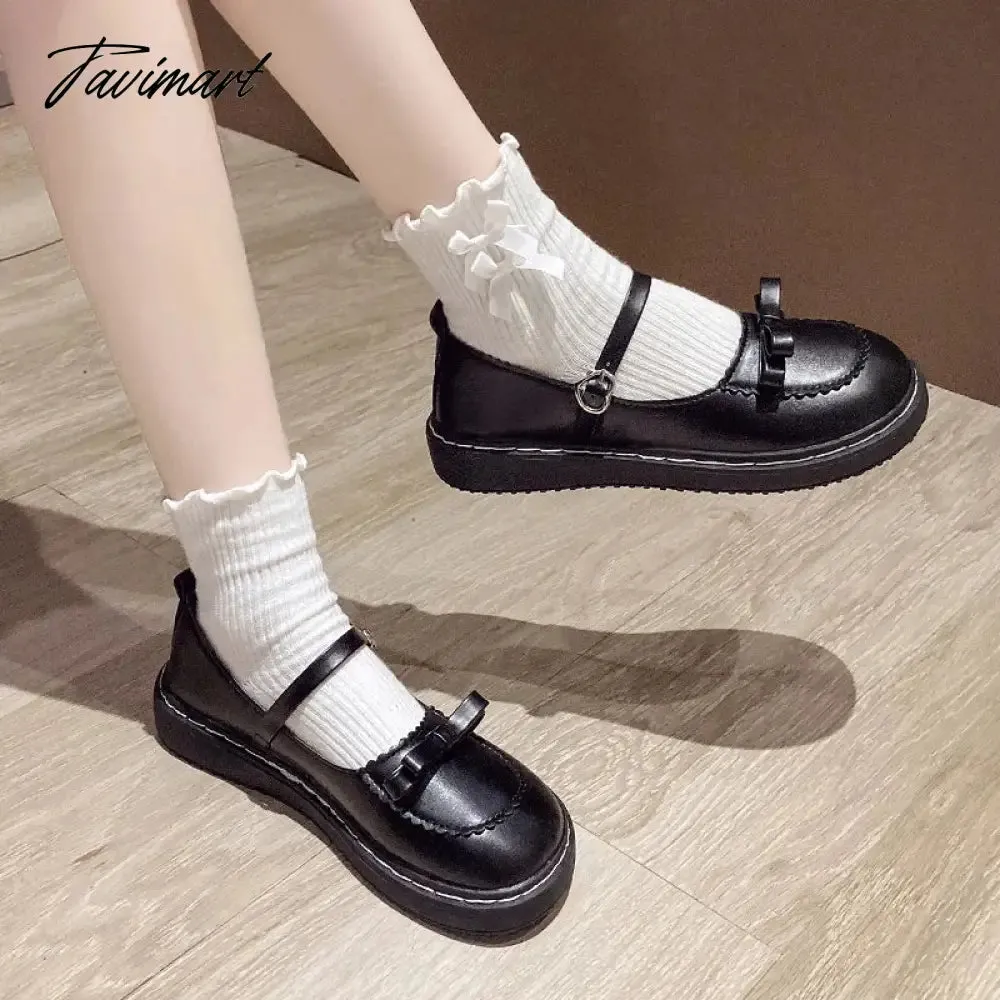 TAVIMART Lolita Shoes Bow Mary Janes Shoes Platform Women Flats Leather Round Toe Casual  Shoes Girls Princess Shoes Black Oxford 9090N