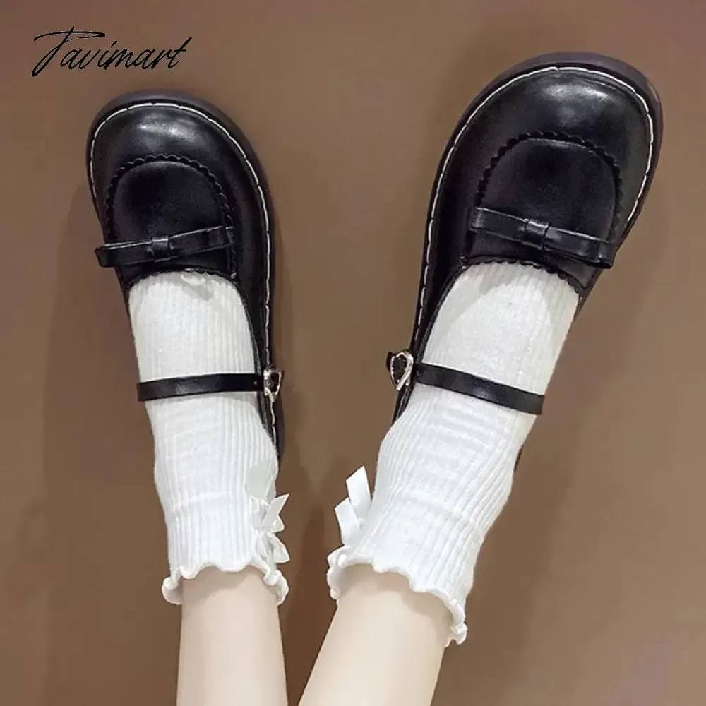 TAVIMART Lolita Shoes Bow Mary Janes Shoes Platform Women Flats Leather Round Toe Casual  Shoes Girls Princess Shoes Black Oxford 9090N