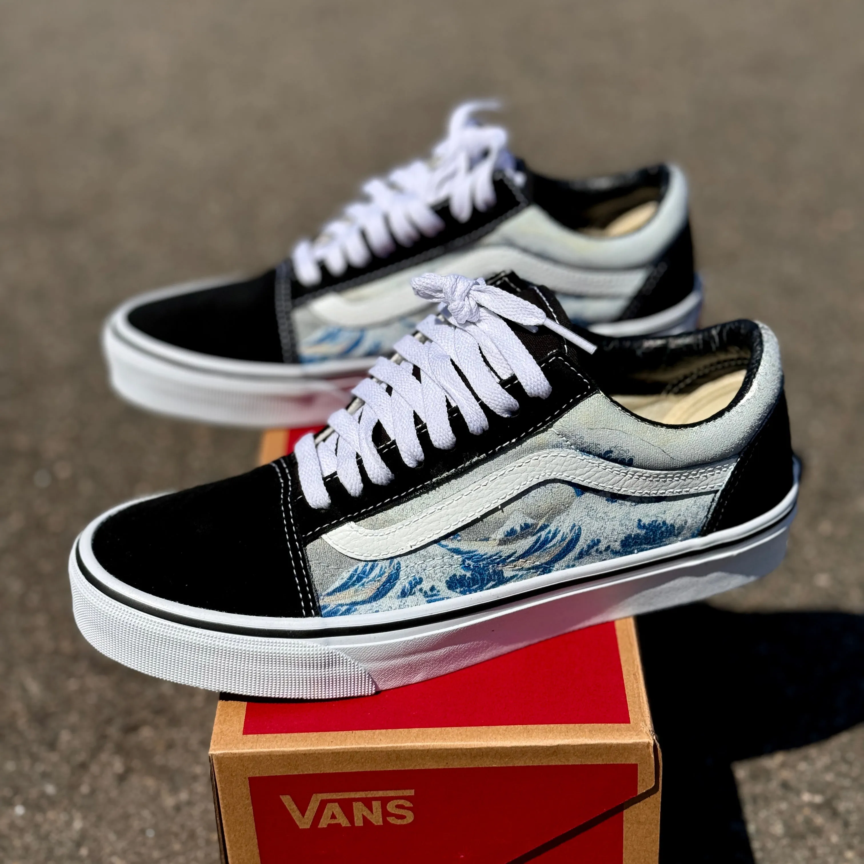 The Great Wave Off Kanagawa Custom Black Old Skool Vans - Men's and Women's Shoes