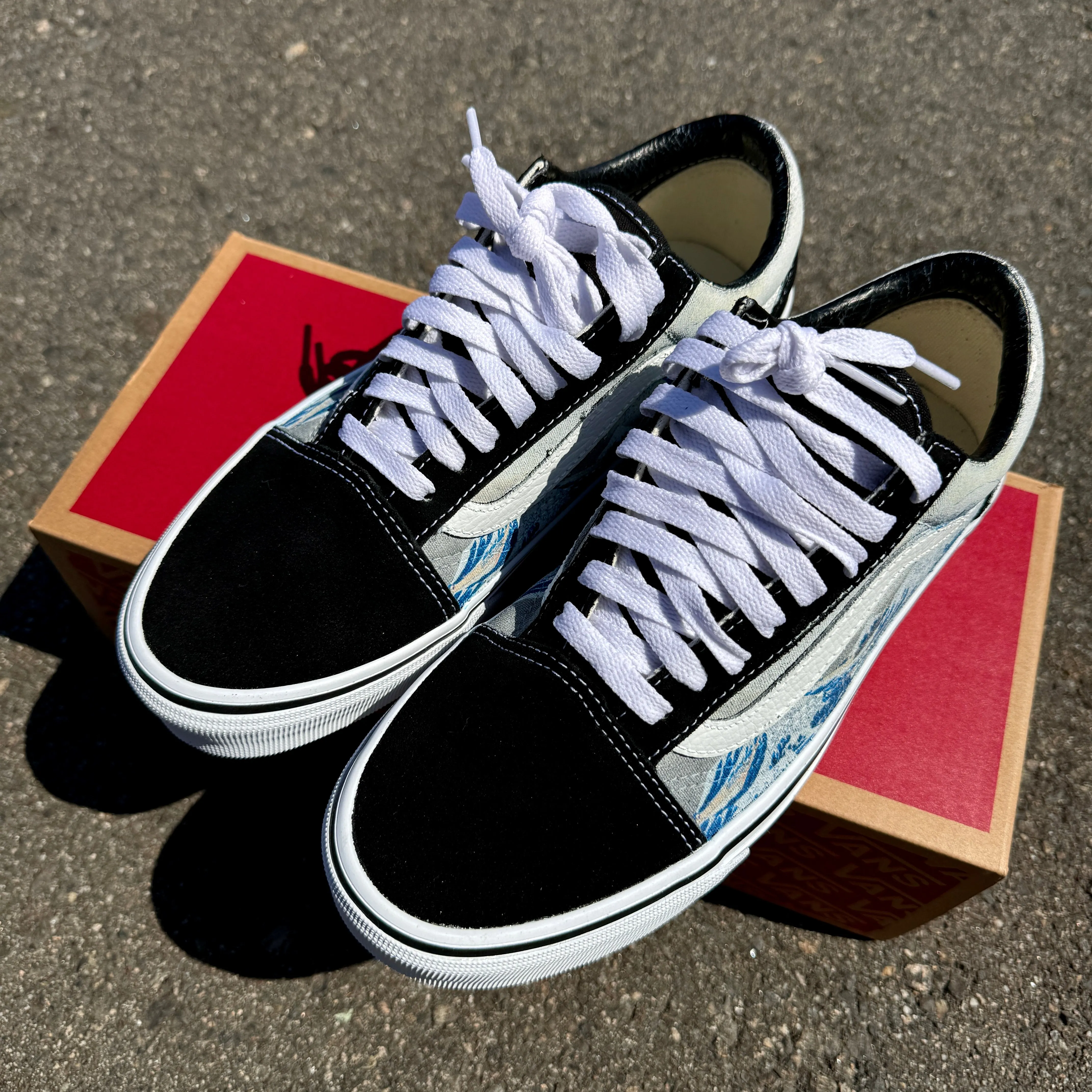 The Great Wave Off Kanagawa Custom Black Old Skool Vans - Men's and Women's Shoes