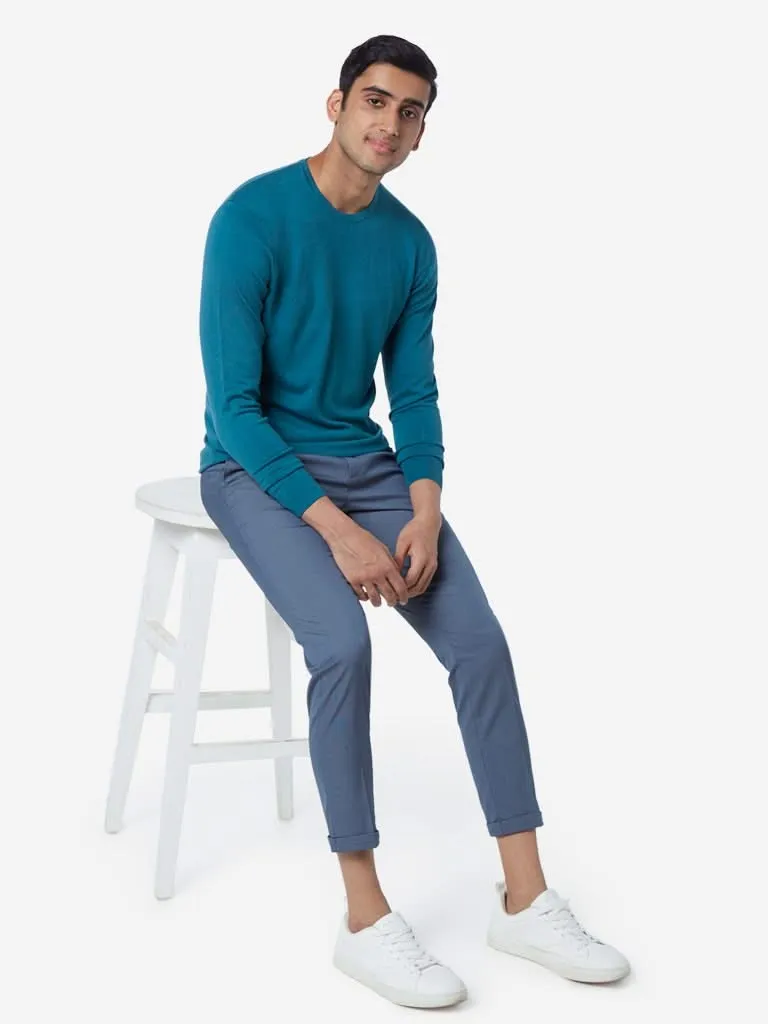 WES Formals Teal Slim-Fit Knitted Sweater