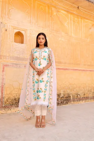 white  flower aari embroidery cotton straight set