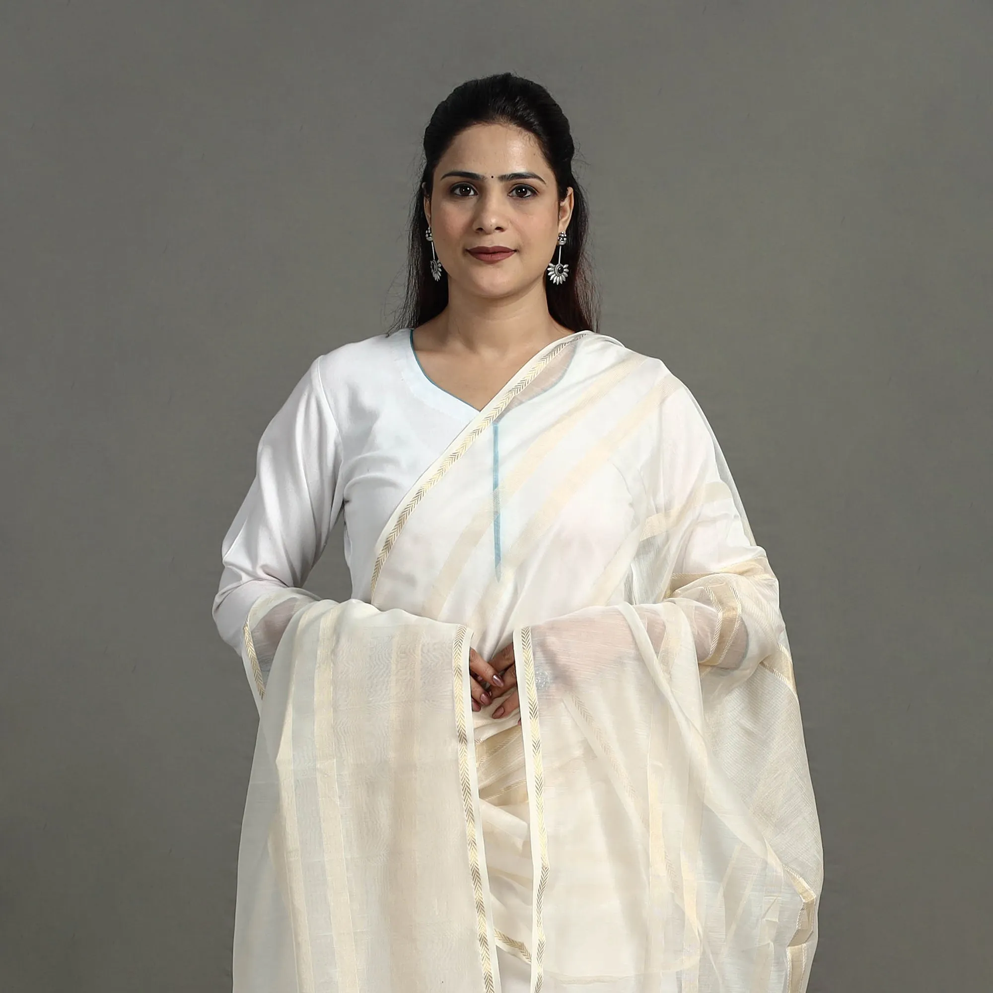 White - Handloom Silk Cotton Zari Work Maheshwari Dupatta 20