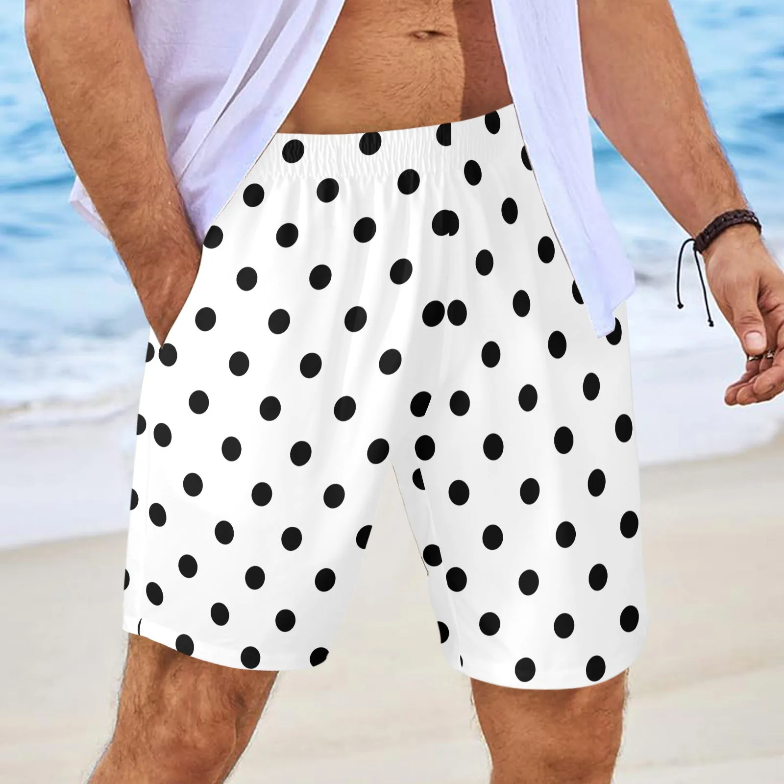 White With Black Polka Dots Men's Swim Trunks Swimsuit