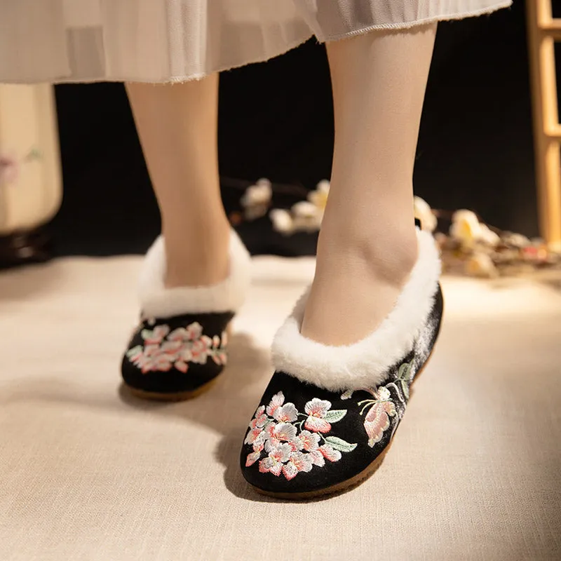 Wisteria Flower and Butterfly Embroidered Room Boots Winter Slippers