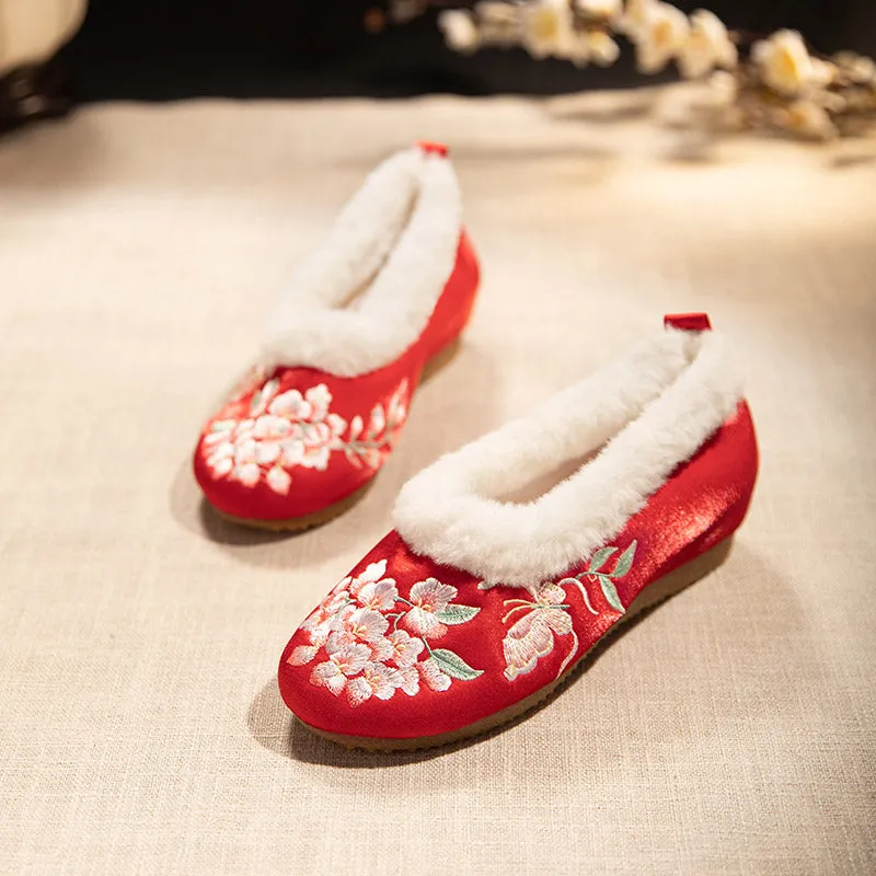 Wisteria Flower and Butterfly Embroidered Room Boots Winter Slippers