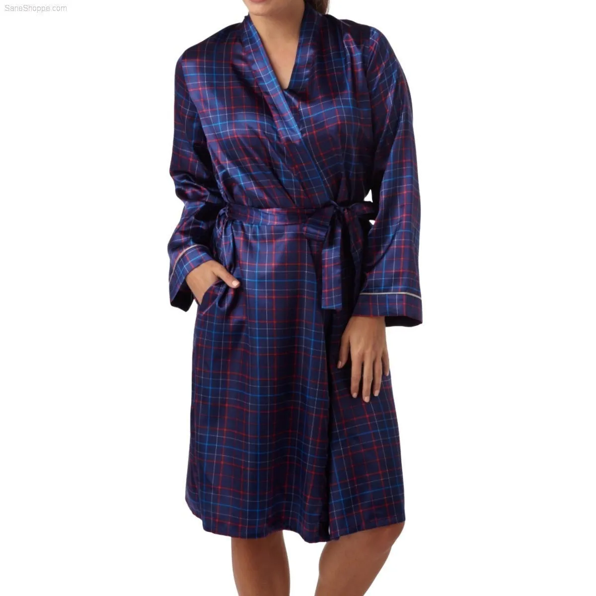 Womens Satin Dressing Gown, Kimono Silk Bathrobe Navy Red Check