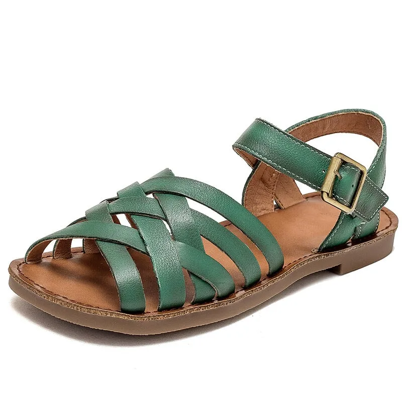 Woven Leather Gladiator Sandals for Women Flat Ankle Strap in Green/Yellow/Beige