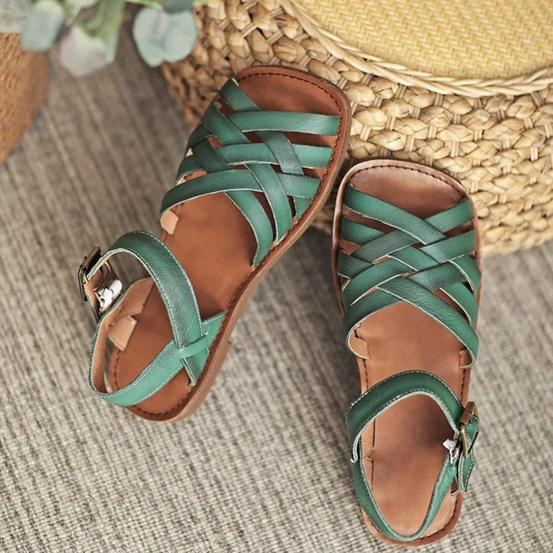 Woven Leather Gladiator Sandals for Women Flat Ankle Strap in Green/Yellow/Beige