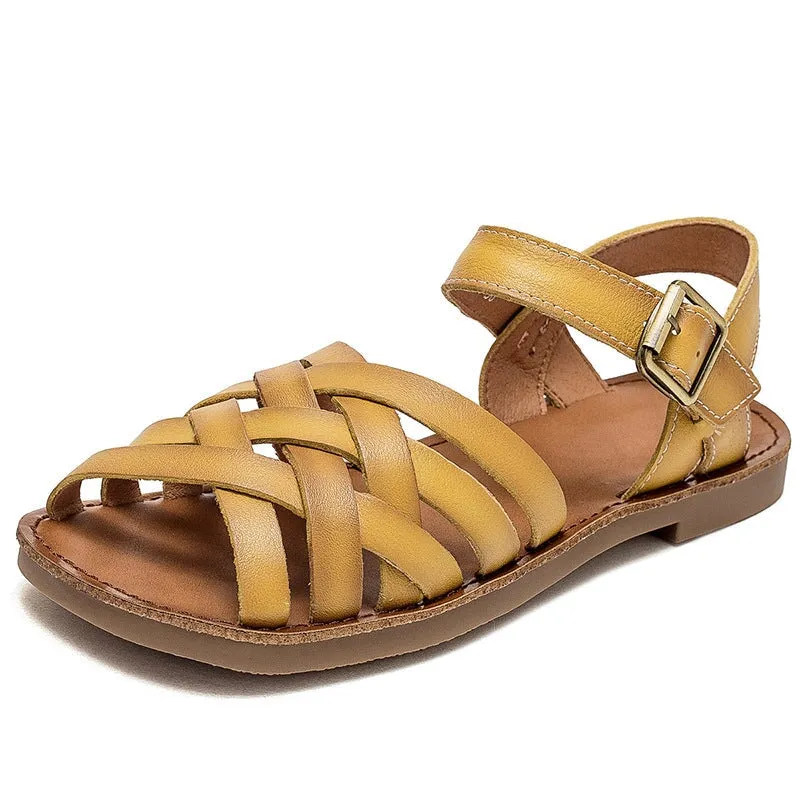 Woven Leather Gladiator Sandals for Women Flat Ankle Strap in Green/Yellow/Beige