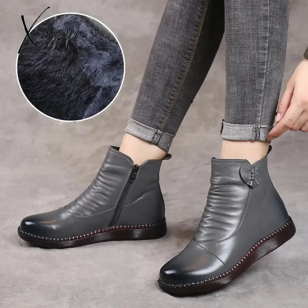 Xajzpa - Autumn Women&#39;s Shoes Leather Boots Women&#39;s Fashion Winter Boots Women&#39;s Flat Shoes Non-slip Warm Platform Shoes Women