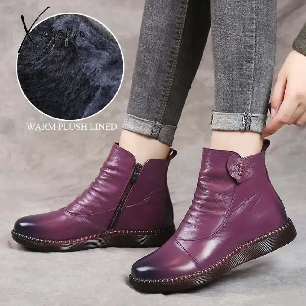 Xajzpa - Autumn Women&#39;s Shoes Leather Boots Women&#39;s Fashion Winter Boots Women&#39;s Flat Shoes Non-slip Warm Platform Shoes Women