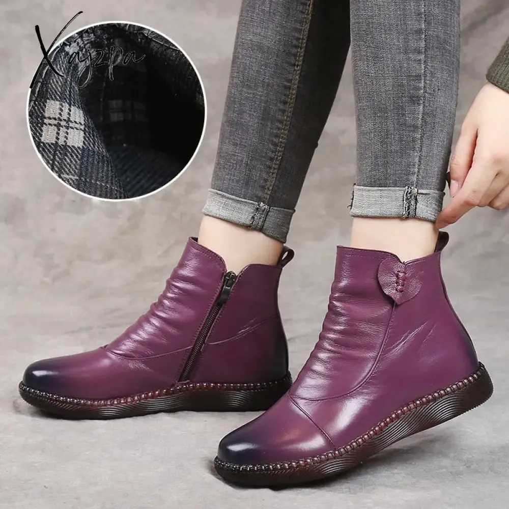 Xajzpa - Autumn Women&#39;s Shoes Leather Boots Women&#39;s Fashion Winter Boots Women&#39;s Flat Shoes Non-slip Warm Platform Shoes Women