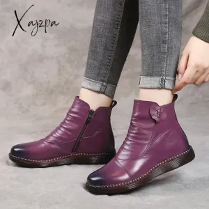 Xajzpa - Autumn Women&#39;s Shoes Leather Boots Women&#39;s Fashion Winter Boots Women&#39;s Flat Shoes Non-slip Warm Platform Shoes Women