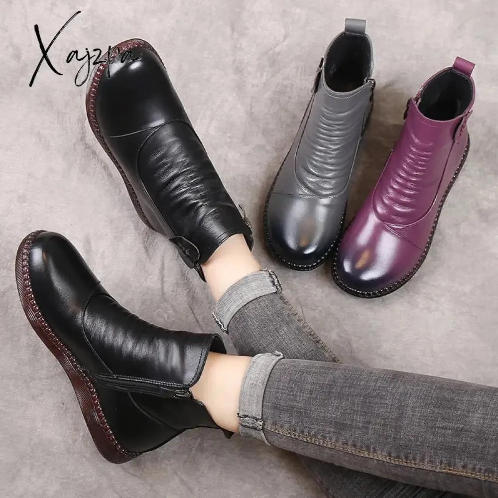 Xajzpa - Autumn Women&#39;s Shoes Leather Boots Women&#39;s Fashion Winter Boots Women&#39;s Flat Shoes Non-slip Warm Platform Shoes Women