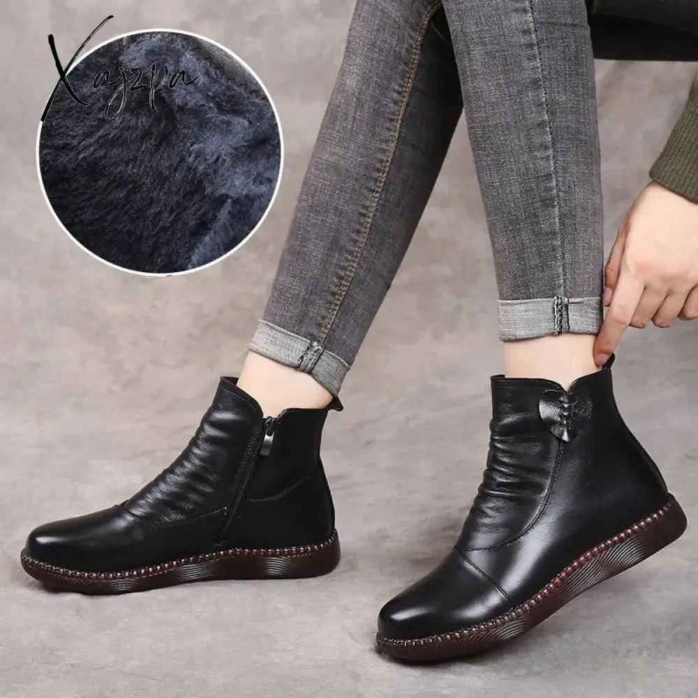 Xajzpa - Autumn Women&#39;s Shoes Leather Boots Women&#39;s Fashion Winter Boots Women&#39;s Flat Shoes Non-slip Warm Platform Shoes Women